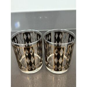 Vtg MCM Georges Briard Rock Glasses Gold‎ Black Harlequin Pattern Signed